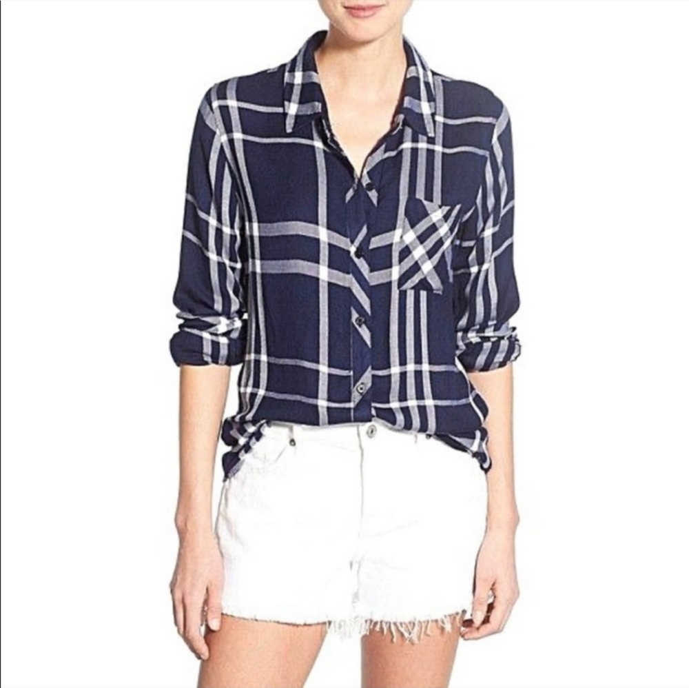 Rails Hunter Cadet White Long Sleeve Shirt Blue and White Plaid Flannel S